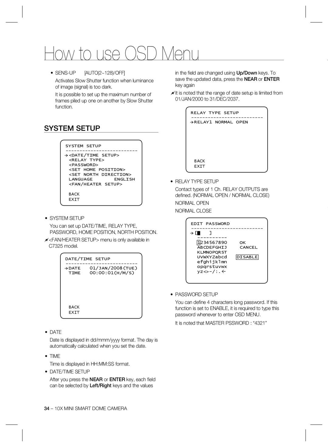 Samsung SCC-C6323, SCC-C6325, SCC-C7325 user manual System Setup, Relay Type Setup, Date, DATE/TIME Setup, Password Setup 