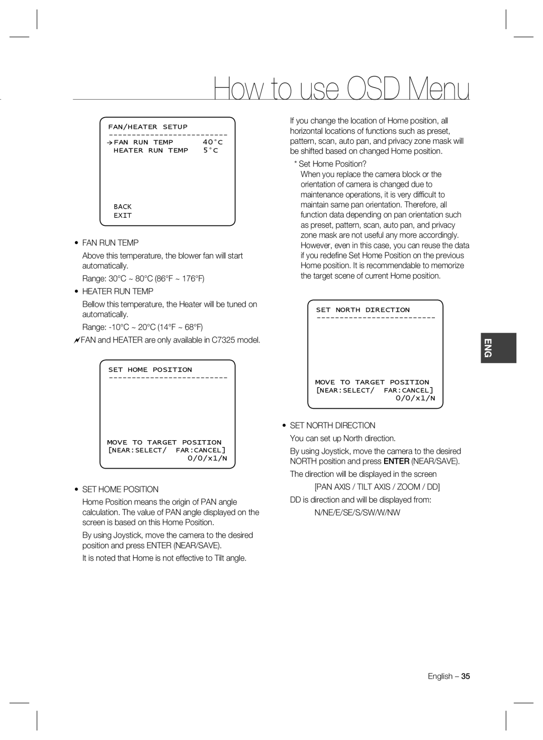 Samsung SCC-C7325, SCC-C6325, SCC-C6323 user manual FAN RUN Temp, Heater RUN Temp, SET Home Position, SET North Direction 