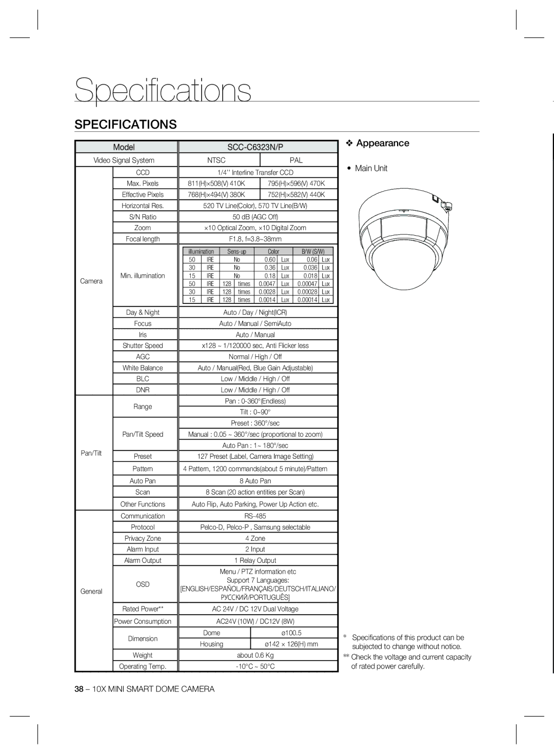 Samsung SCC-C7325, SCC-C6325, SCC-C6323 user manual Speciﬁ cations, Specifications, Appearance 