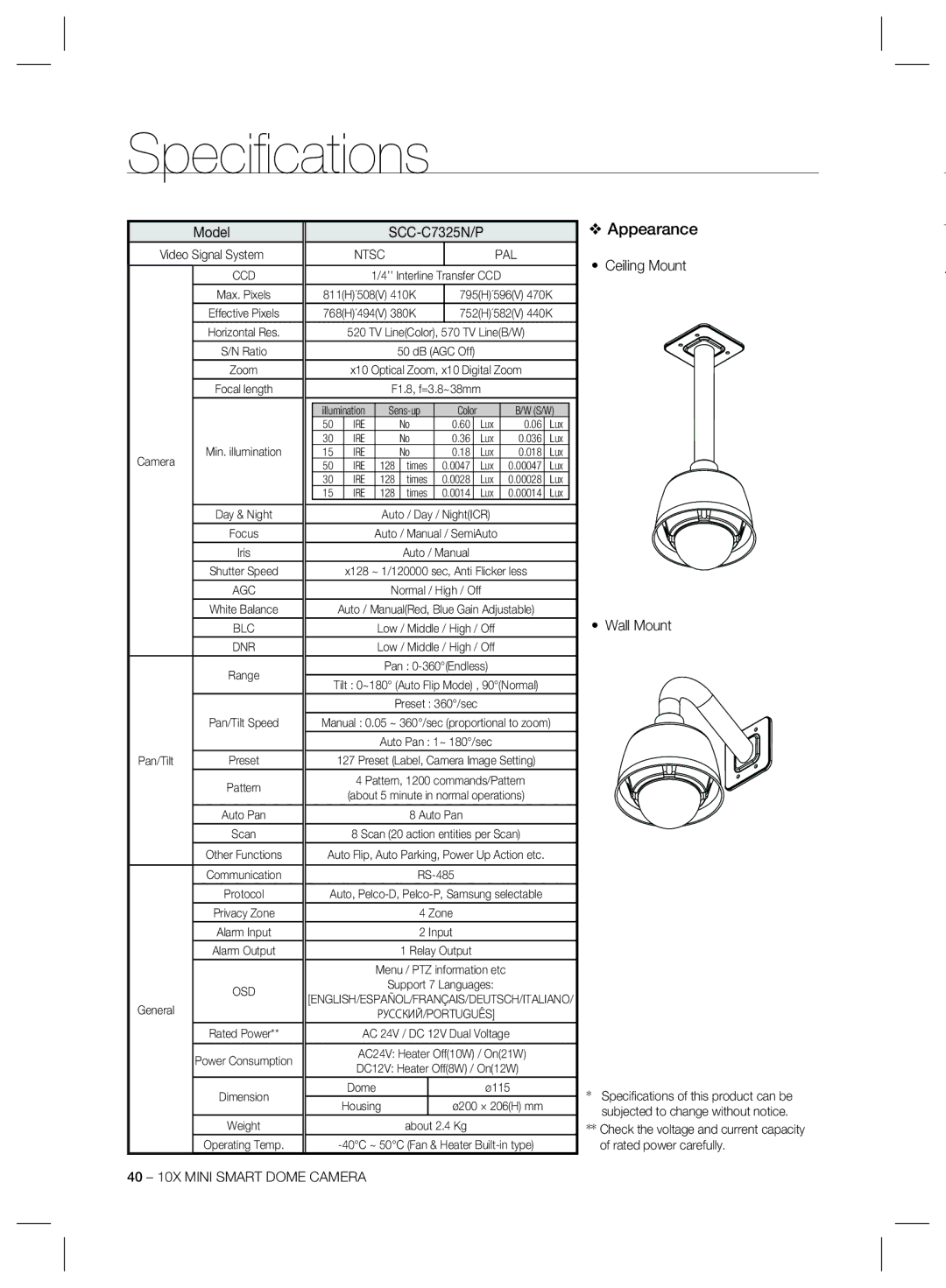 Samsung SCC-C6323, SCC-C6325 user manual SCC-C7325N/P, Ceiling Mount Wall Mount 