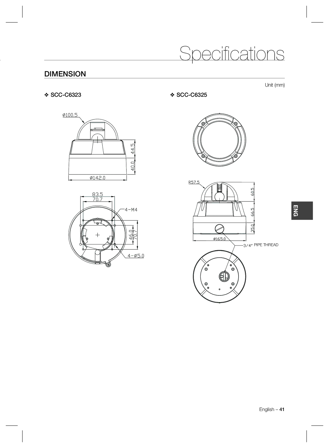 Samsung SCC-C7325, SCC-C6325, SCC-C6323 user manual Dimension, Unit mm 