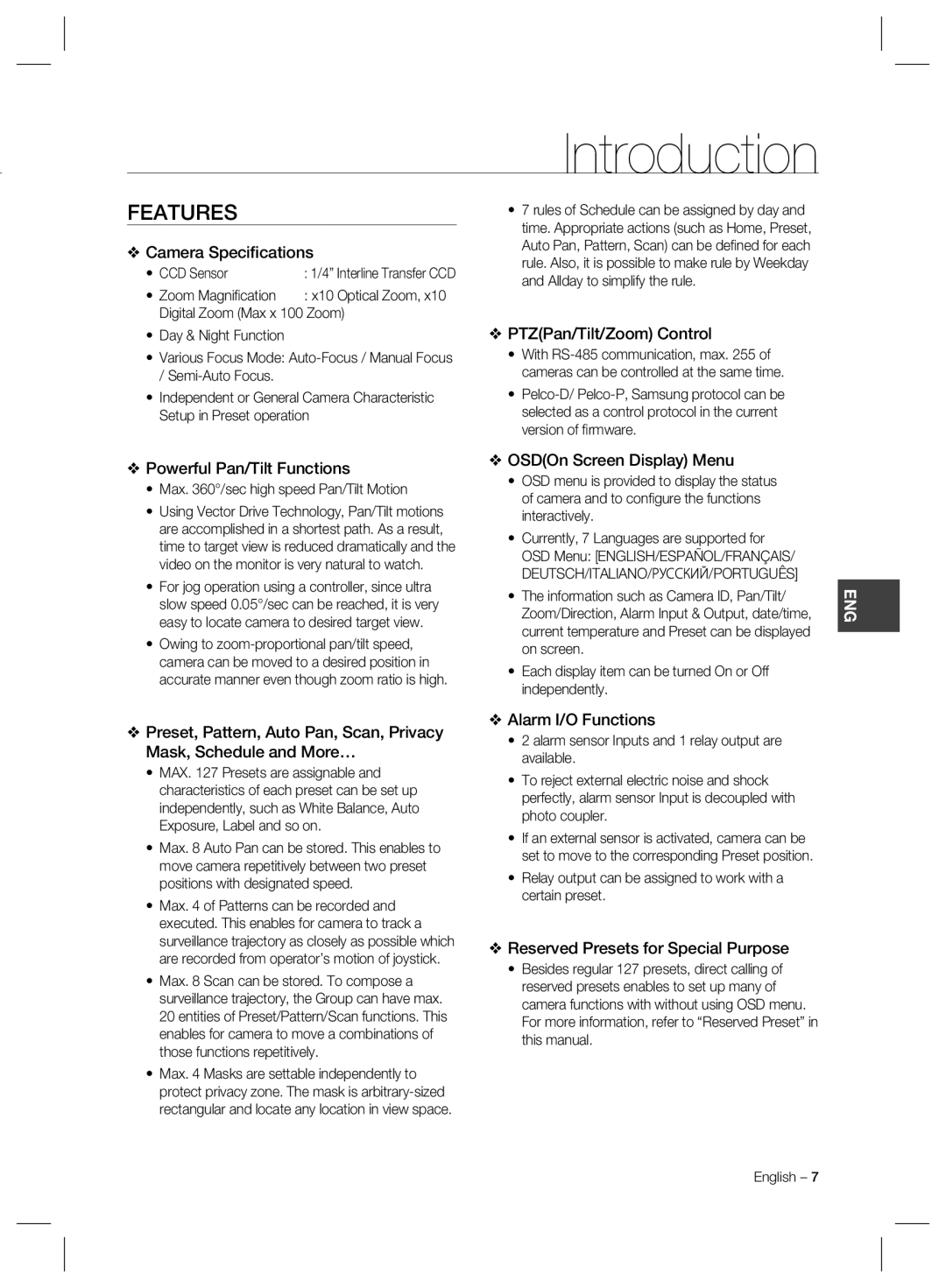 Samsung SCC-C6323, SCC-C6325, SCC-C7325 user manual Introduction, Features 