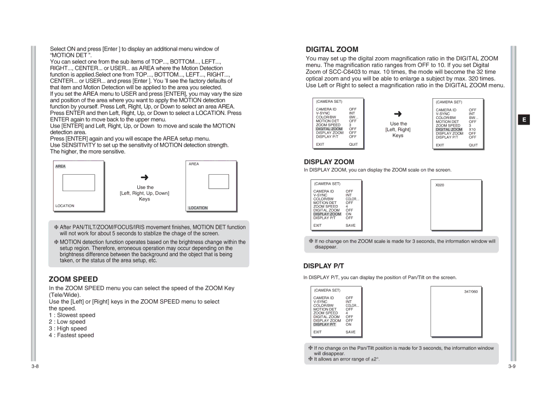 Samsung SCC-C6403 instruction manual Digital Zoom, Zoom Speed, Display Zoom, Display P/T 