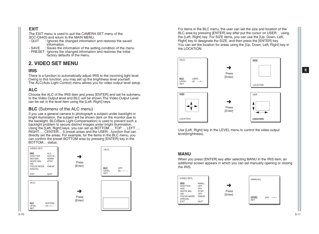 Samsung SCC-C6403 instruction manual Video SET Menu, Exit, Iris, Alc, Manu 