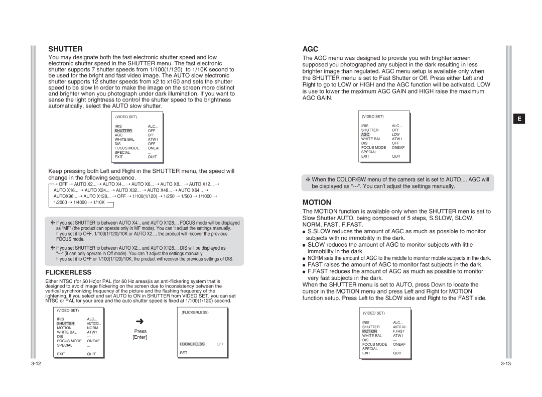 Samsung SCC-C6403 instruction manual Shutter, Agc, Motion, Flickerless, AGC Gain 