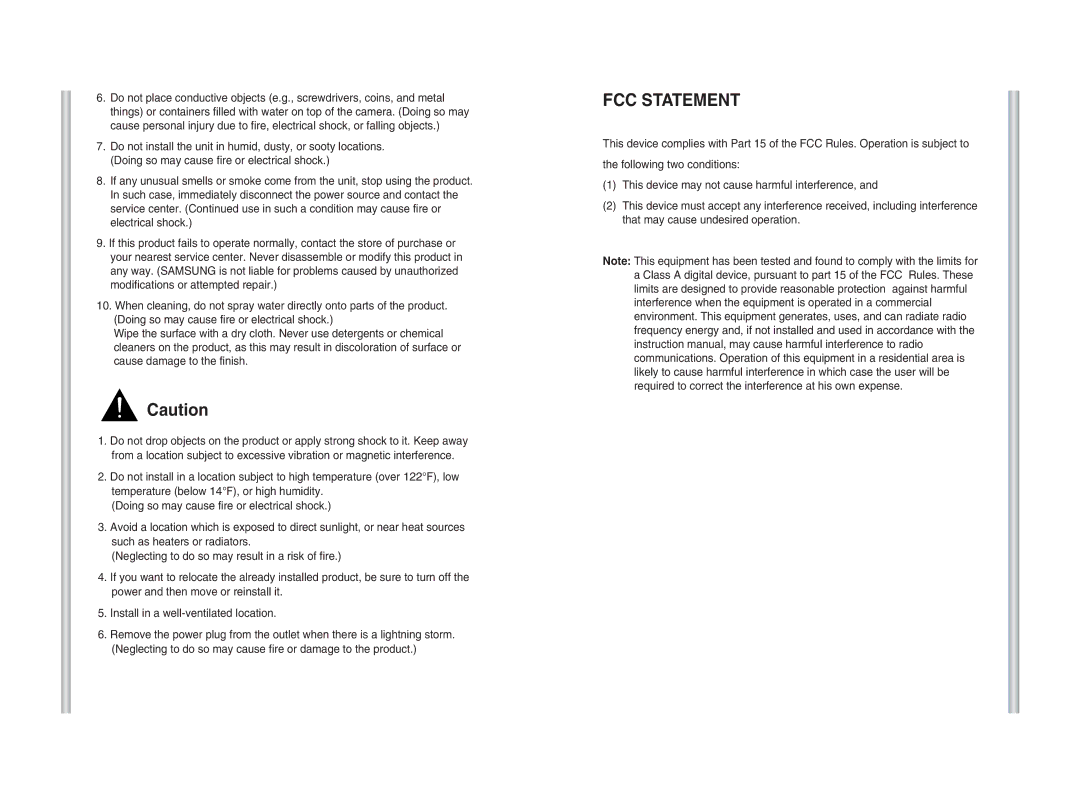 Samsung SCC-C6403 instruction manual FCC Statement 