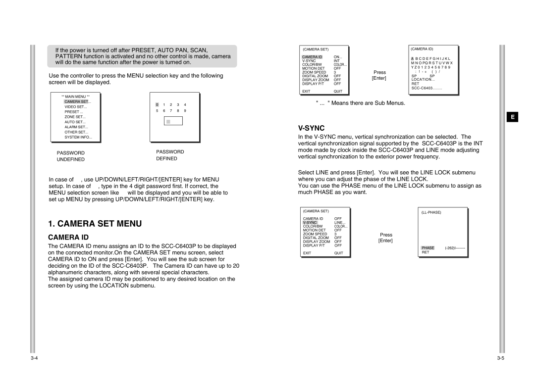 Samsung SCC-C6403P manual Camera SET Menu, Sync, Camera ID 