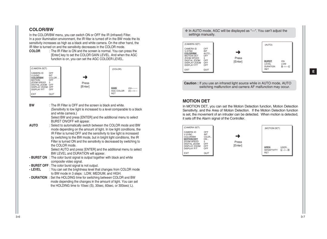 Samsung SCC-C6403P manual Color/Bw, Motion DET 