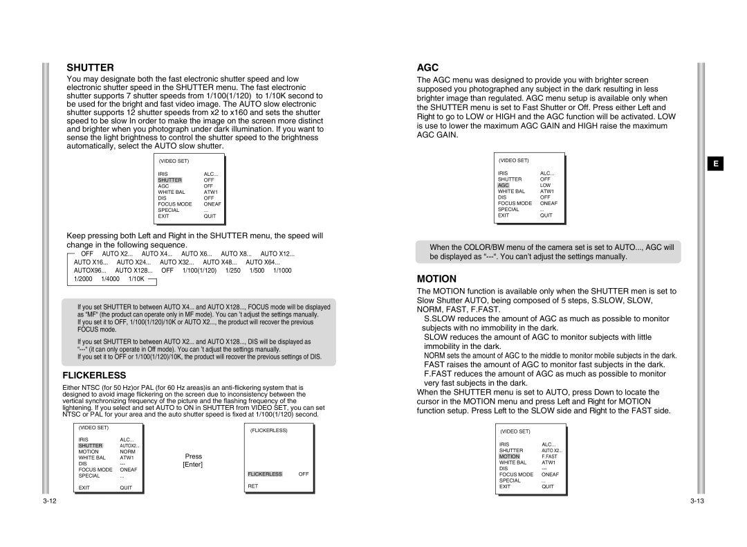 Samsung SCC-C6403P manual Shutter, Agc, Motion, Flickerless, AGC Gain 