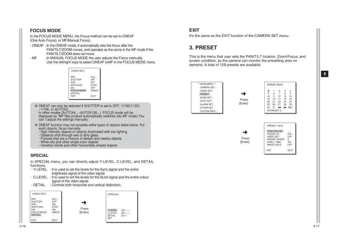 Samsung SCC-C6403P manual Preset, Focus Mode, Special, Level, Detail 