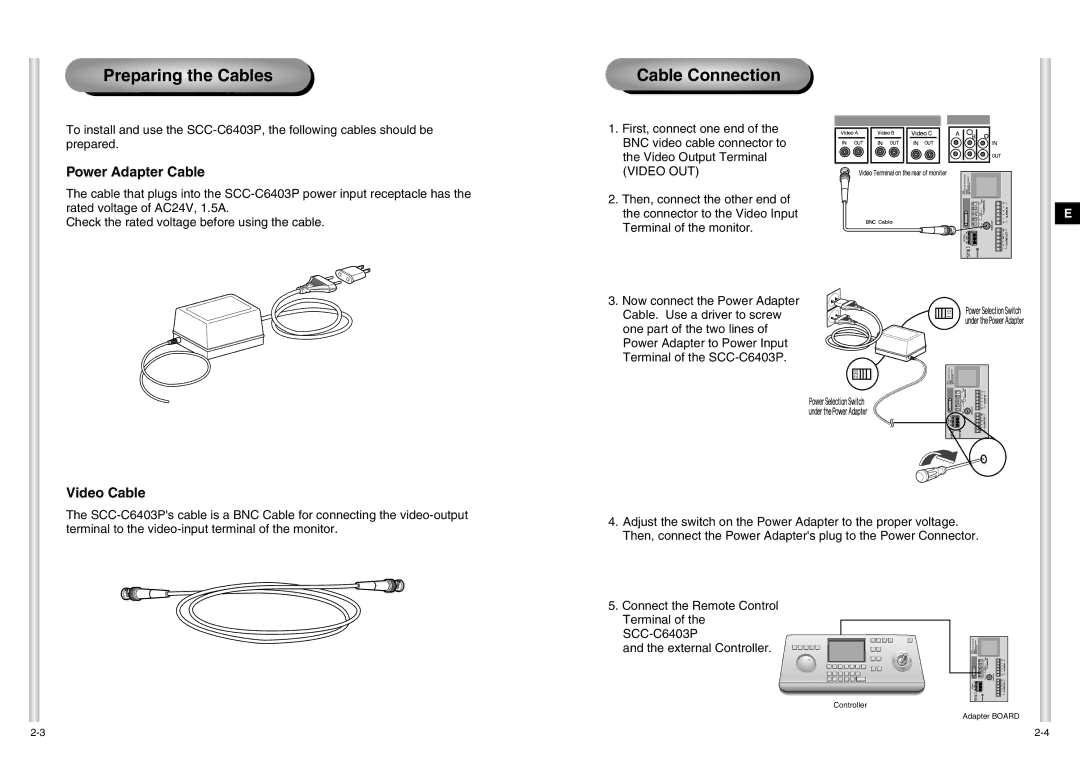 Samsung SCC-C6403P manual Preparing the Cables, Cable Connection, Power Adapter Cable, Video Cable 