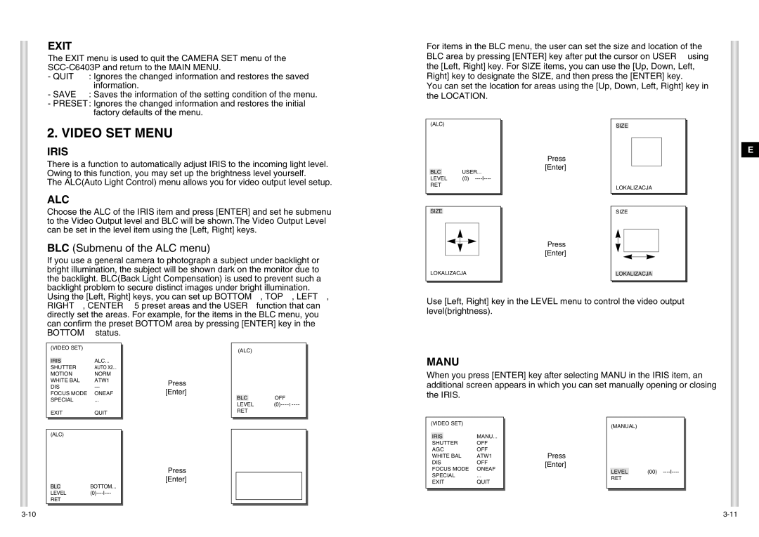 Samsung SCC-C6403P manual Video SET Menu, Exit, Iris, Alc, Manu 