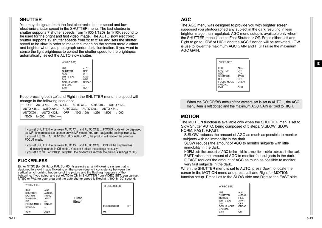 Samsung SCC-C6403P manual Shutter, Agc, Motion, Flickerless, AGC Gain 