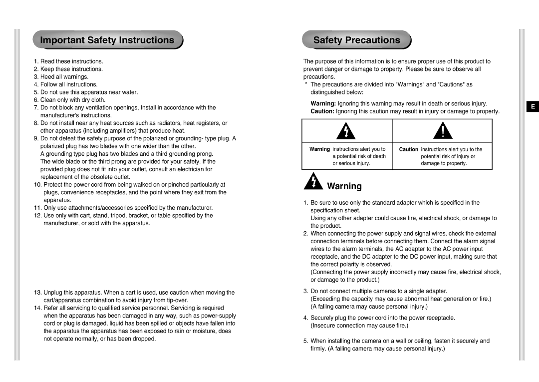 Samsung SCC-C6403P manual Important Safety Instructions, Safety Precautions 