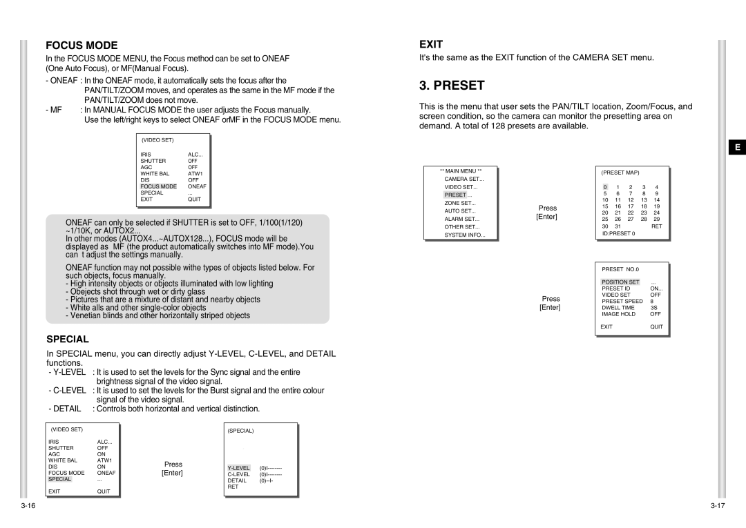 Samsung SCC-C6403P manual Preset, Focus Mode, Special, Level, Detail 