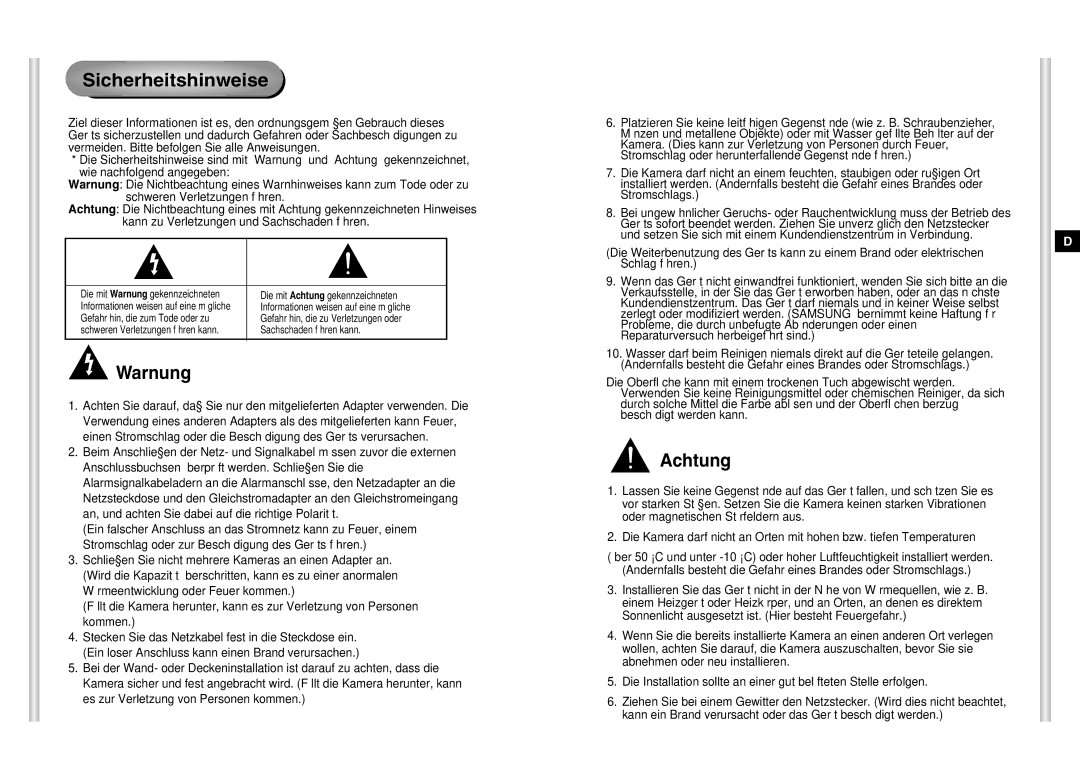 Samsung SCC-C6403P manual Sicherheitshinweise, Warnung, Achtung 