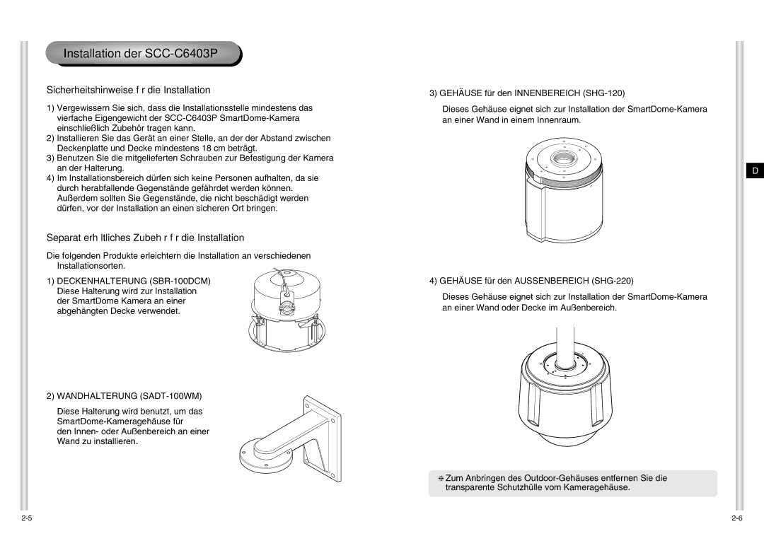 Samsung manual Installation der SCC-C6403P, Sicherheitshinweise für die Installation, Wandhalterung SADT-100WM 