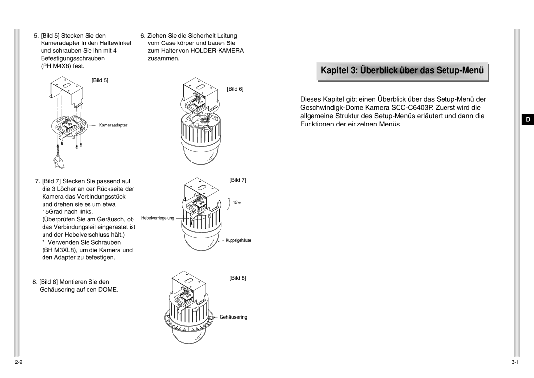 Samsung SCC-C6403P manual Kapitel 3 Überblick über das Setup-Menü 