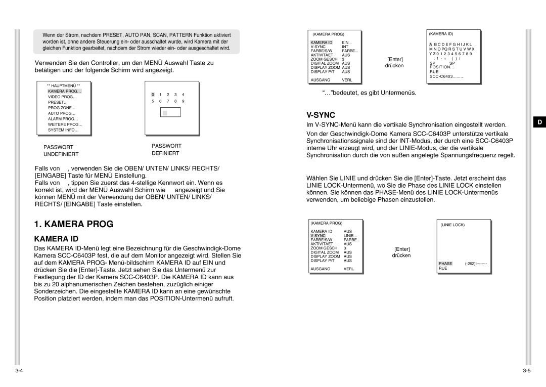 Samsung SCC-C6403P manual Kamera Prog, Kamera ID 