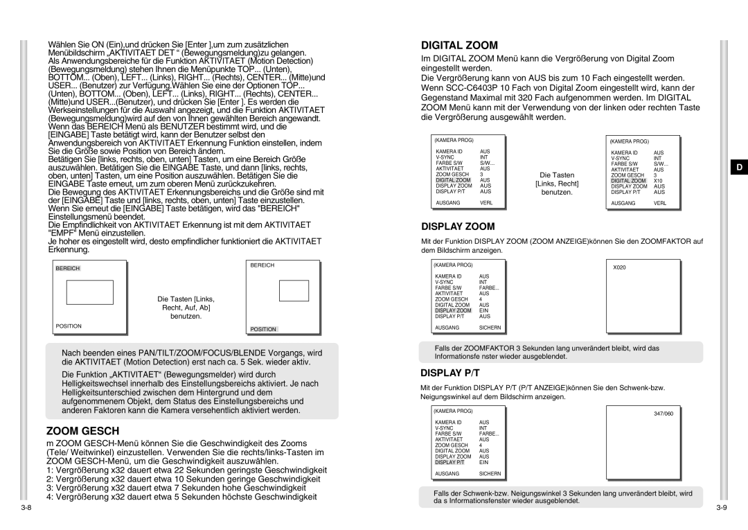 Samsung SCC-C6403P manual Zoom Gesch, Die Tasten Links, Recht Benutzen 