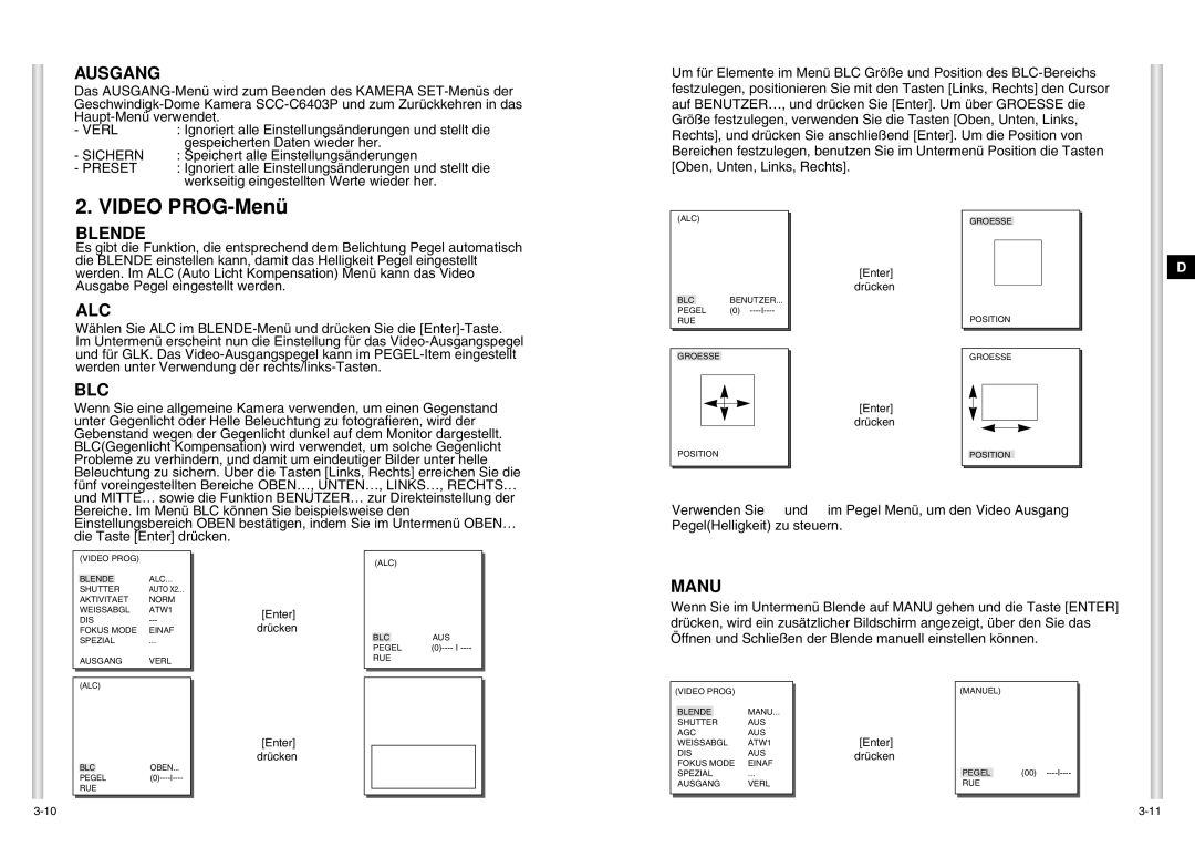 Samsung SCC-C6403P manual Video PROG-Menü, Ausgang, Blende, Blc 