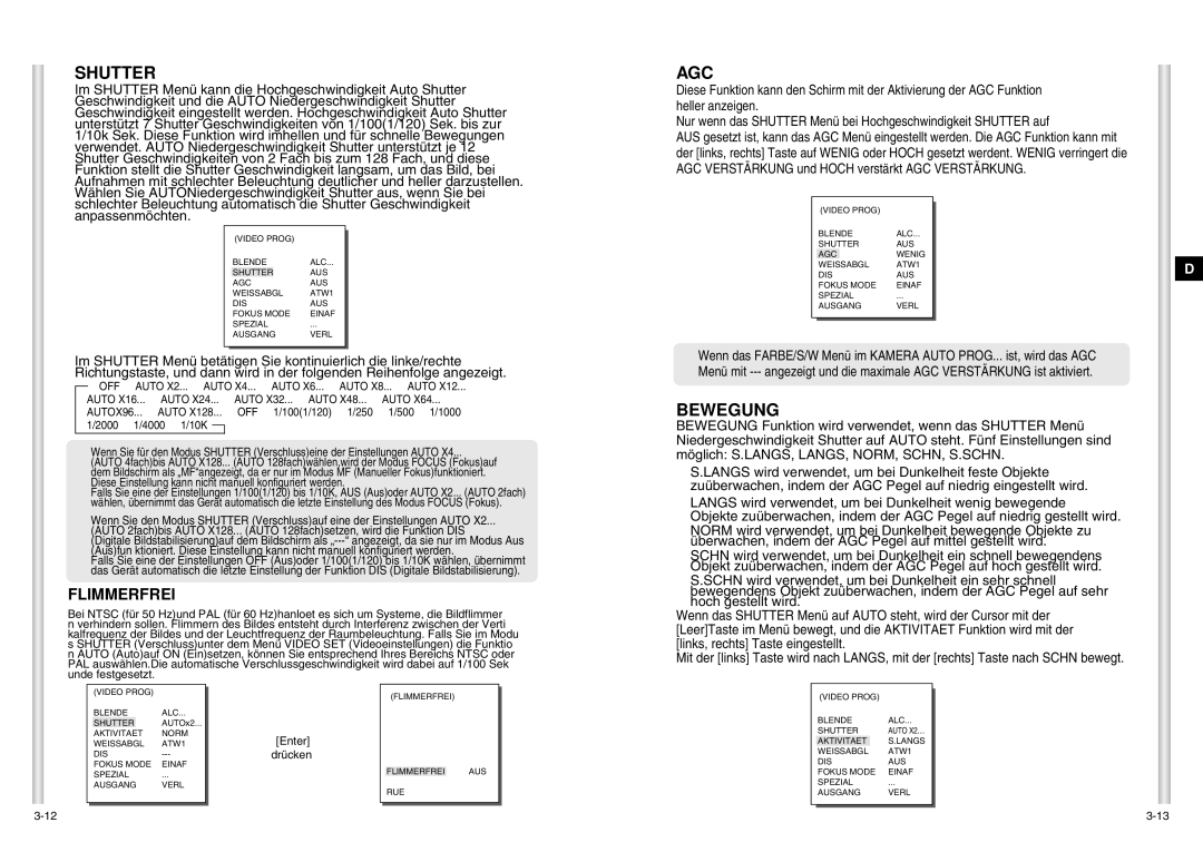 Samsung SCC-C6403P manual Bewegung, Flimmerfrei 