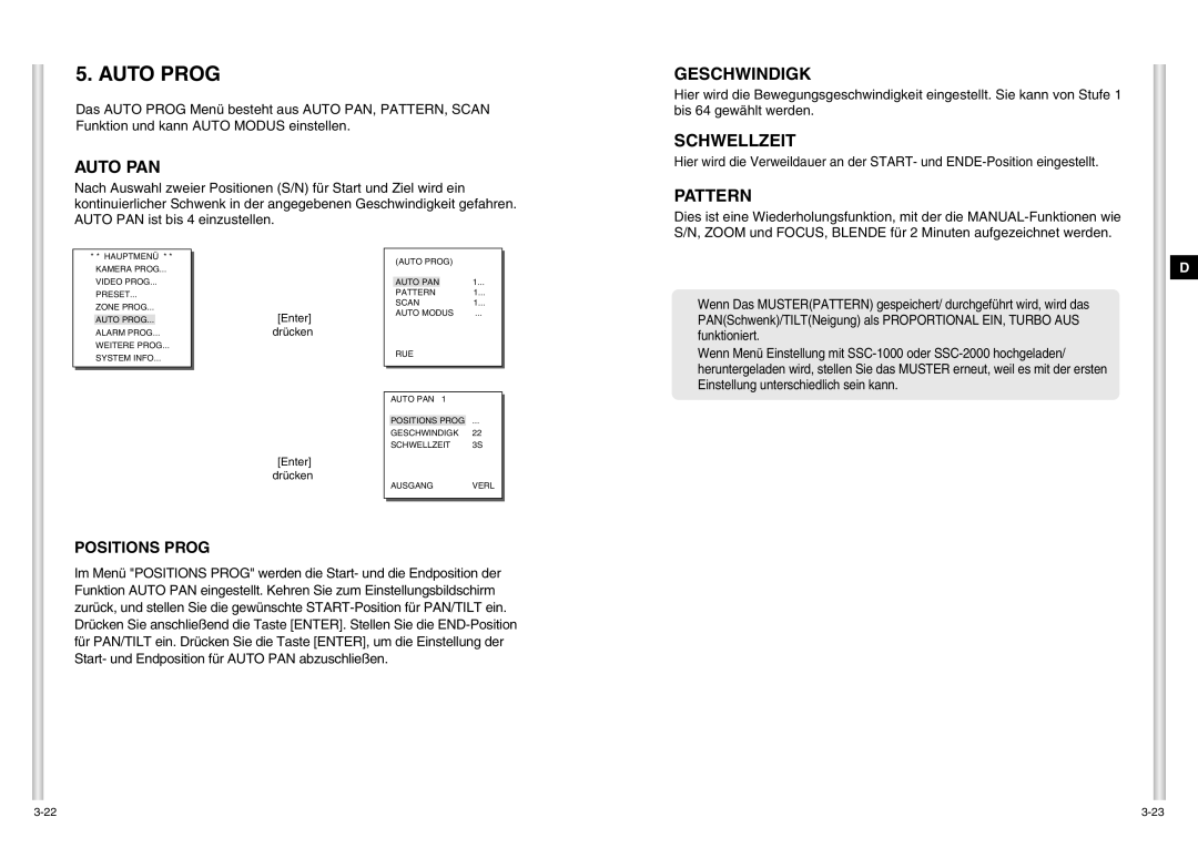 Samsung SCC-C6403P manual Auto Prog, Geschwindigk, Positions Prog 