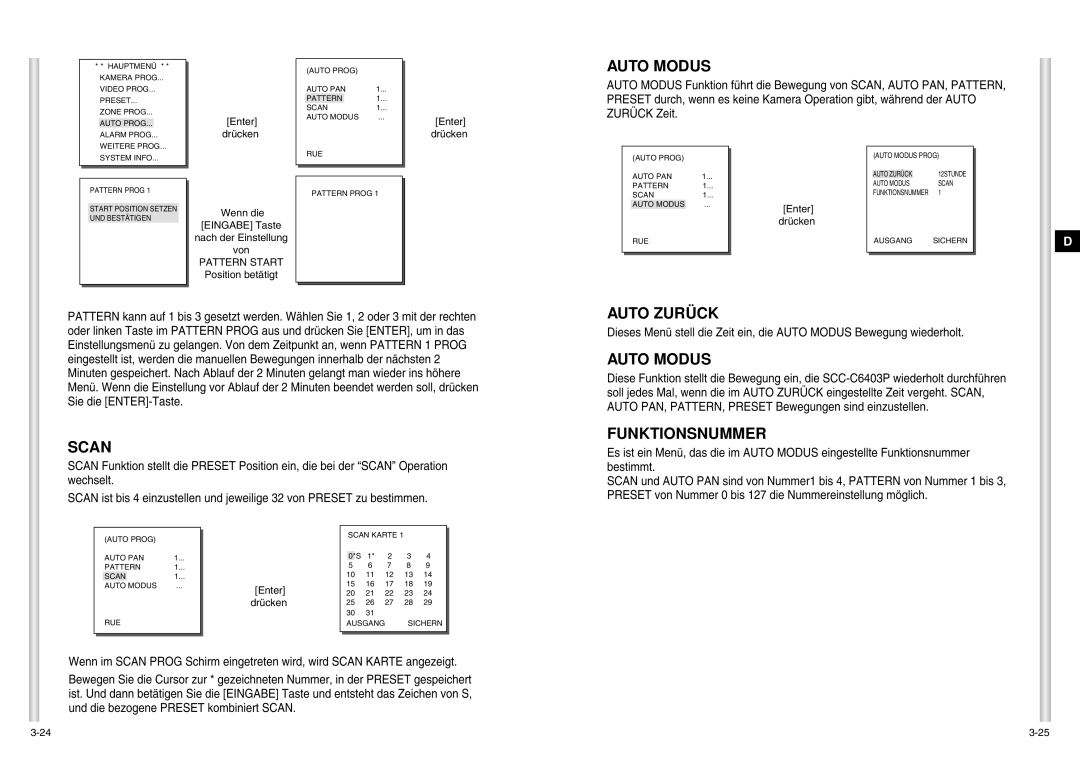 Samsung SCC-C6403P manual Auto Modus, Auto Zurück, Funktionsnummer 