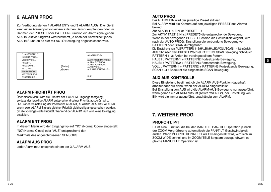 Samsung SCC-C6403P manual Alarm Prog, Weitere Prog 