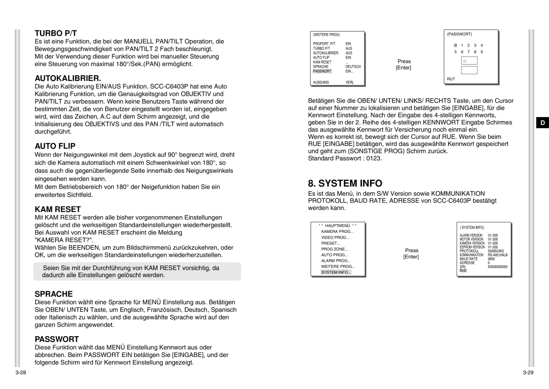 Samsung SCC-C6403P manual Autokalibrier, Auto Flip, KAM Reset, Sprache, Passwort 