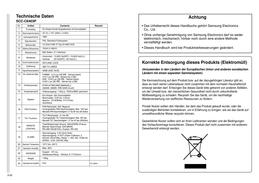 Samsung SCC-C6403P manual Technische Daten, Korrekte Entsorgung dieses Produkts Elektromüll 