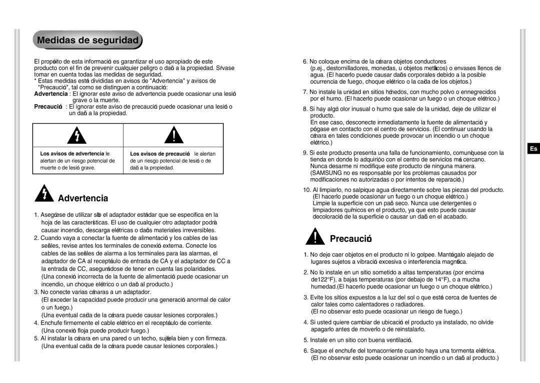 Samsung SCC-C6403P manual Medidas de seguridad, Advertencia, Precaución 