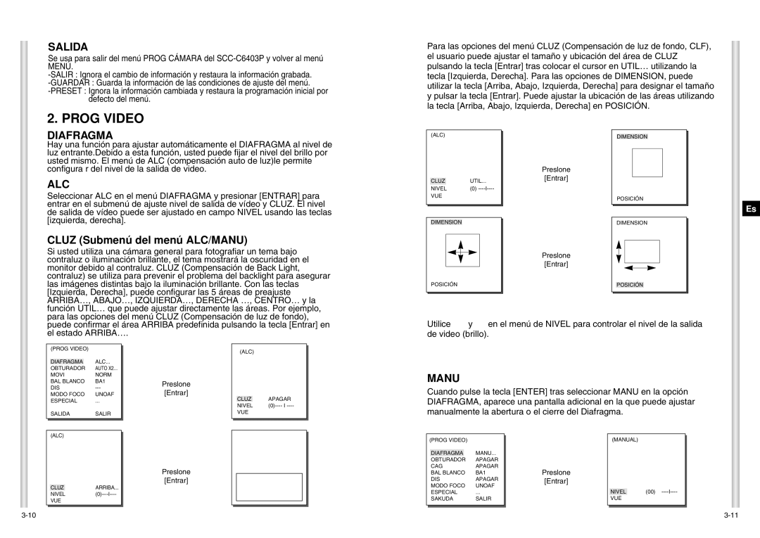 Samsung SCC-C6403P manual Prog Video, Salida, Diafragma, Cluz Submenú del menú ALC/MANU 