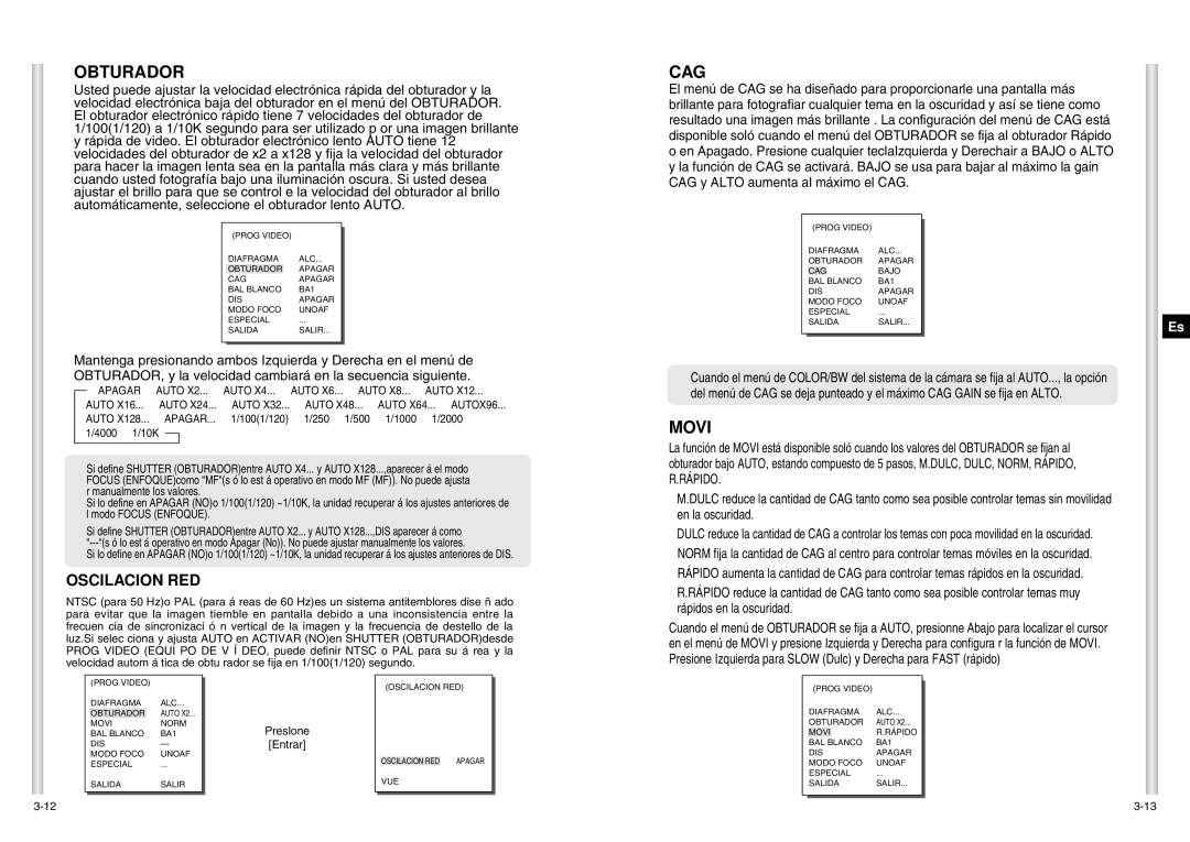 Samsung SCC-C6403P manual Obturador, Cag, Movi, Oscilacion RED 