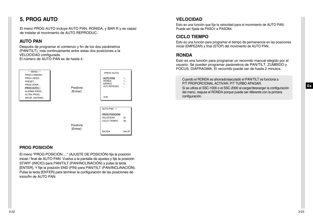 Samsung SCC-C6403P manual Prog Auto, Velocidad, Ronda, Prog Posición, Proporcional ACTIVAR, P/T Turbo Apagar 