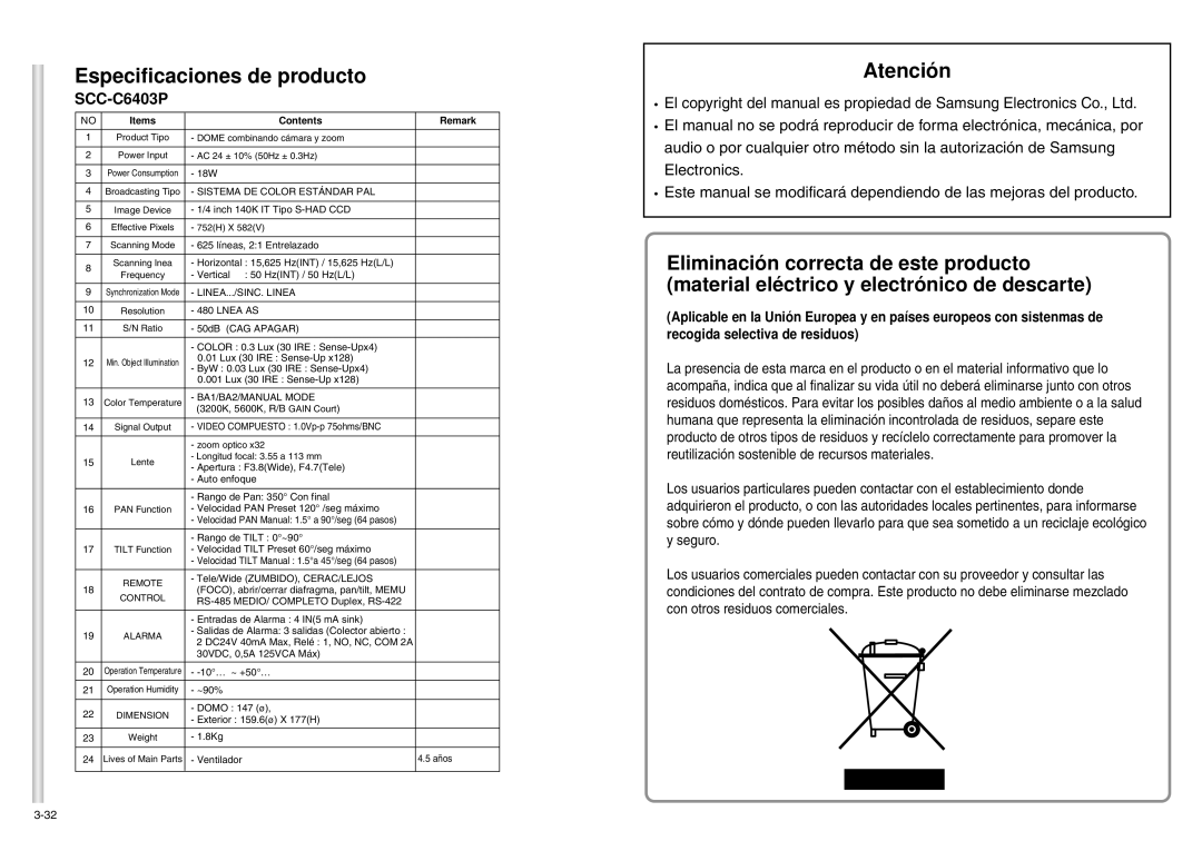 Samsung SCC-C6403P manual Especificaciones de producto, Atención 