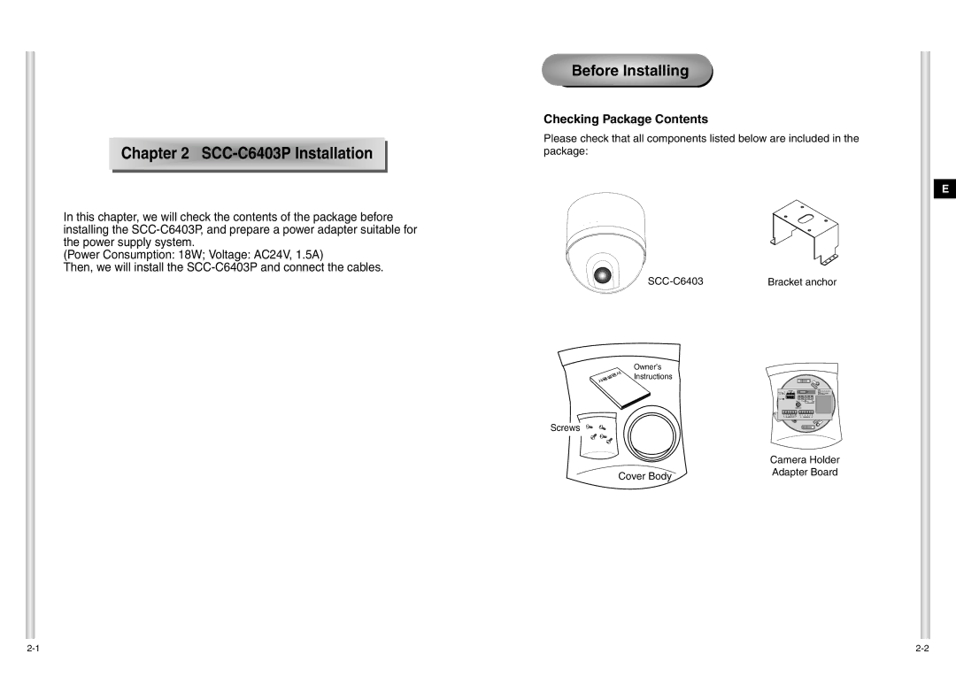 Samsung SCC-C6403P manual Before Installing, CC- C6403P Installatio n, Checking Package Contents 