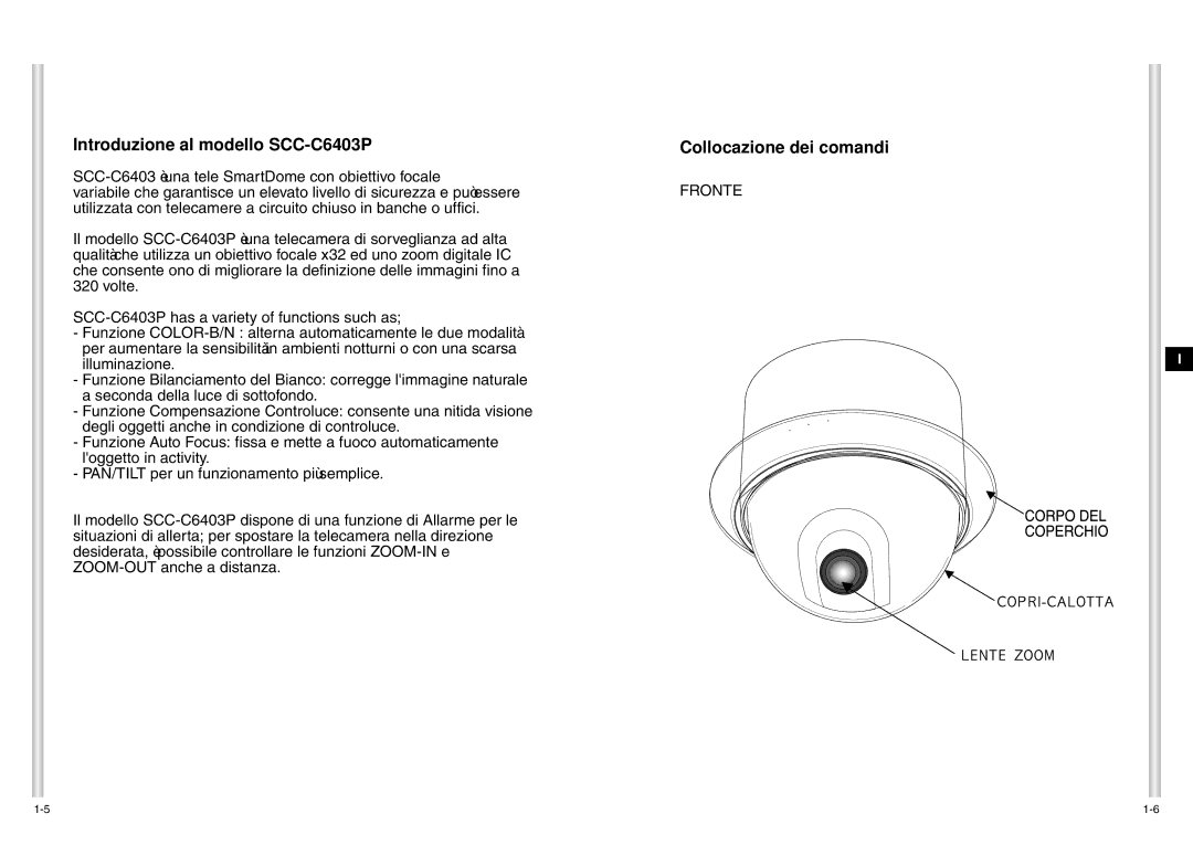 Samsung manual Introduzione al modello SCC-C6403P, Collocazione dei comandi 