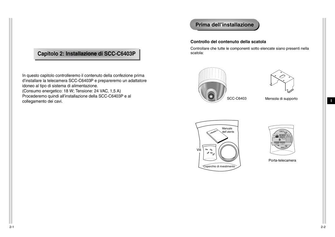 Samsung SCC-C6403P manual Prima dell’installazione, Capito l o 2 I ns t allazione di SCC -C6403 P 