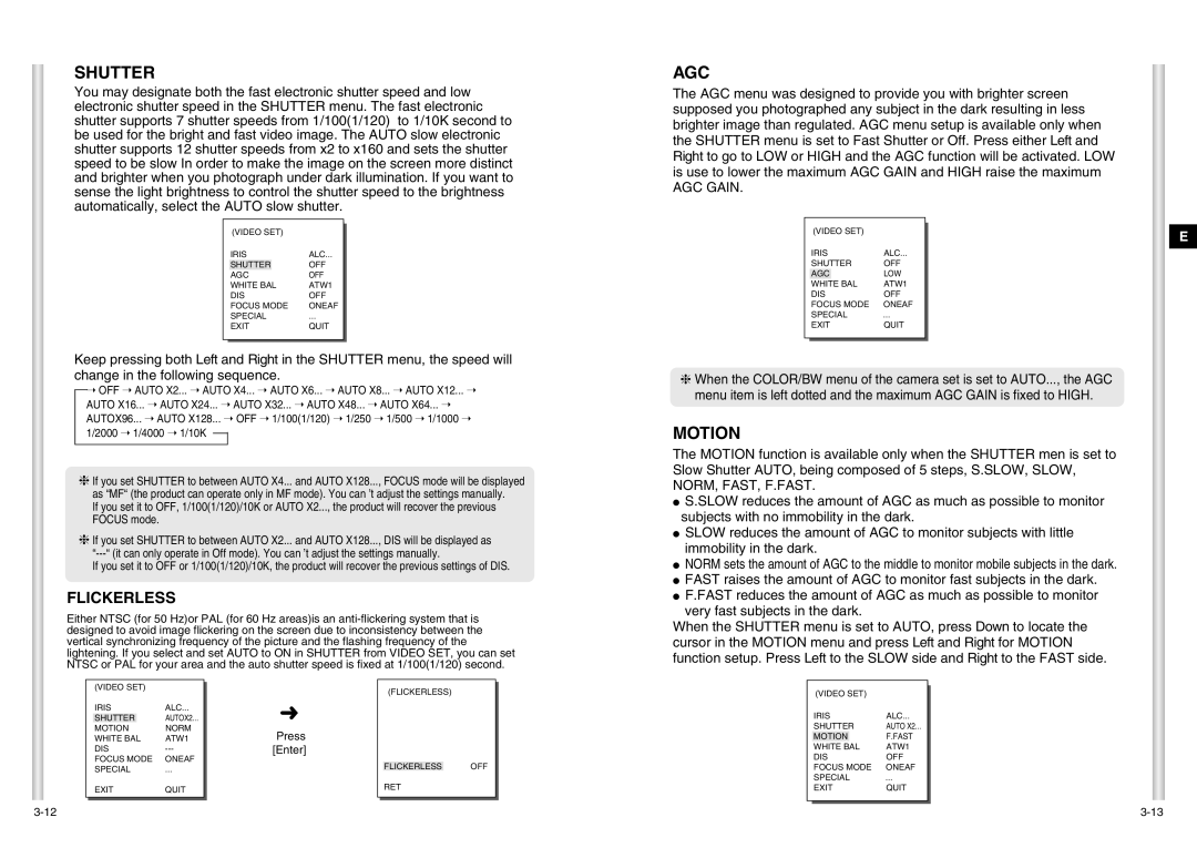 Samsung SCC-C6403P manual Shutter, Agc, Motion 