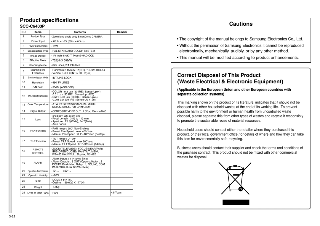 Samsung SCC-C6403P manual Product specifications 