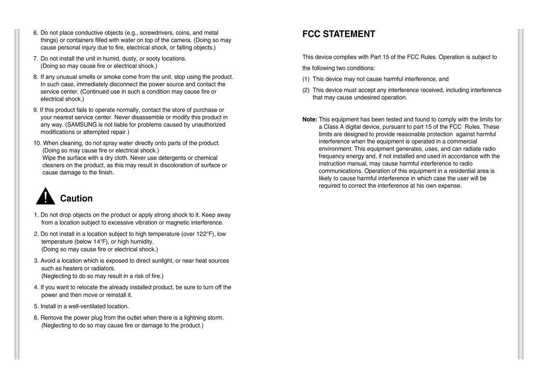 Samsung SCC-C6403P manual FCC Statement 