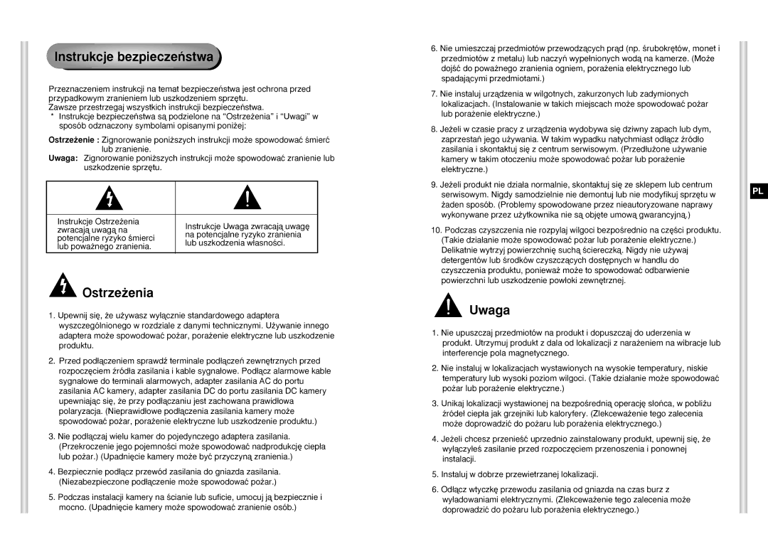 Samsung SCC-C6403P manual Instrukcje bezpieczeƒstwa, Ostrze˝enia, Uwaga 