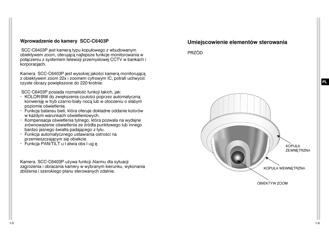 Samsung manual Umiejscowienie elementów sterowania, Wprowadzenie do kamery SCC-C6403P 