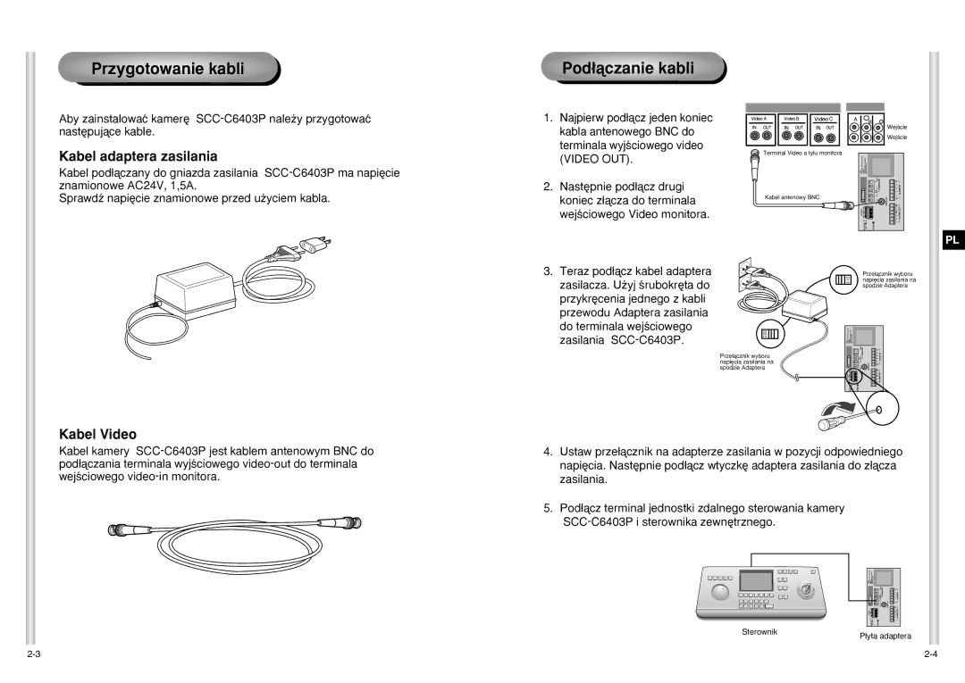 Samsung SCC-C6403P manual Przygotowanie kabli Pod∏àczanie kabli, Kabel adaptera zasilania, Kabel Video 