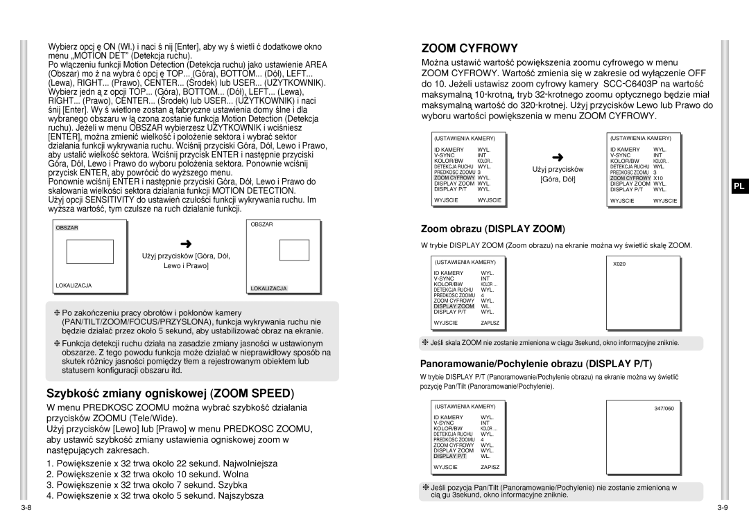 Samsung SCC-C6403P manual Zoom Cyfrowy, SzybkoÊç zmiany ogniskowej Zoom Speed 