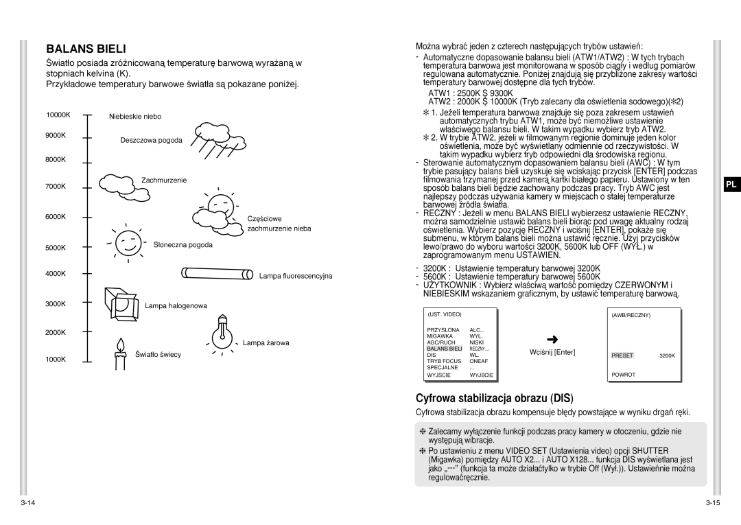 Samsung SCC-C6403P manual Balans Bieli, Cyfrowa stabilizacja obrazu DIS 