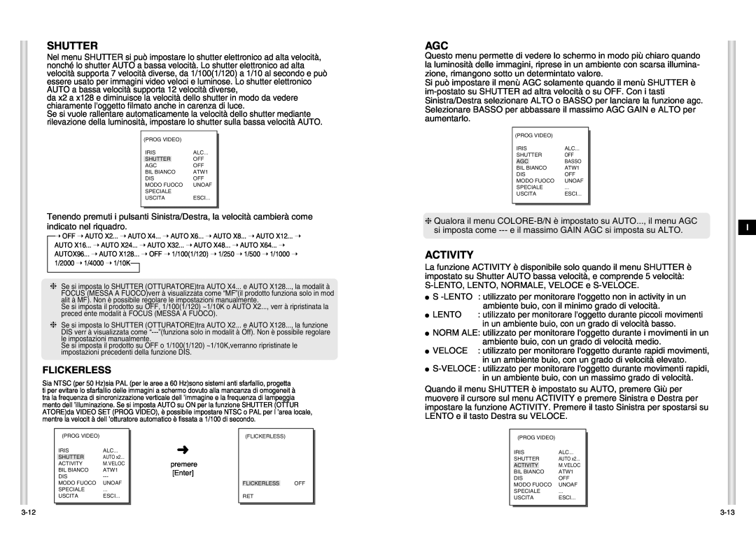 Samsung SCC-C6403P manual Activity, Shutter, Flickerless, S -LENTO utilizzato per monitorare loggetto non in activity in un 