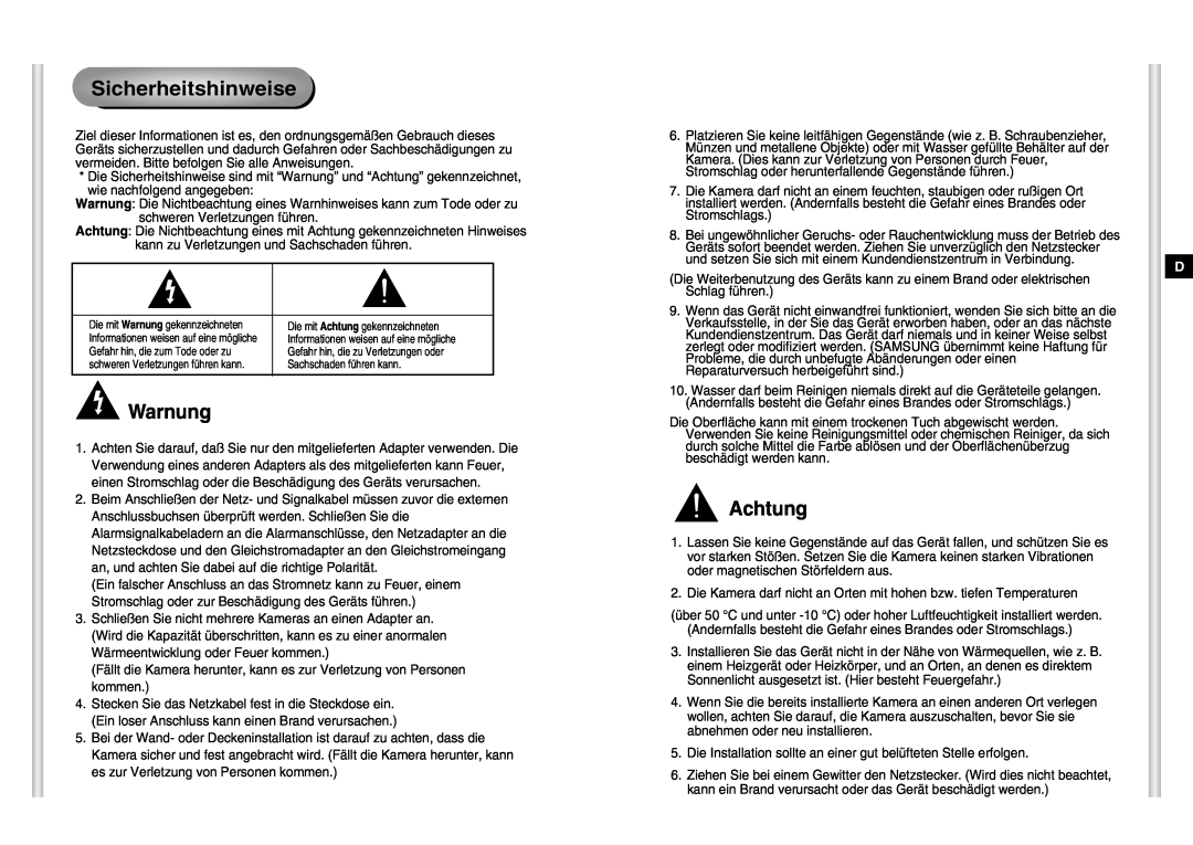 Samsung SCC-C6403P manual Sicherheitshinweise, Warnung, Achtung 