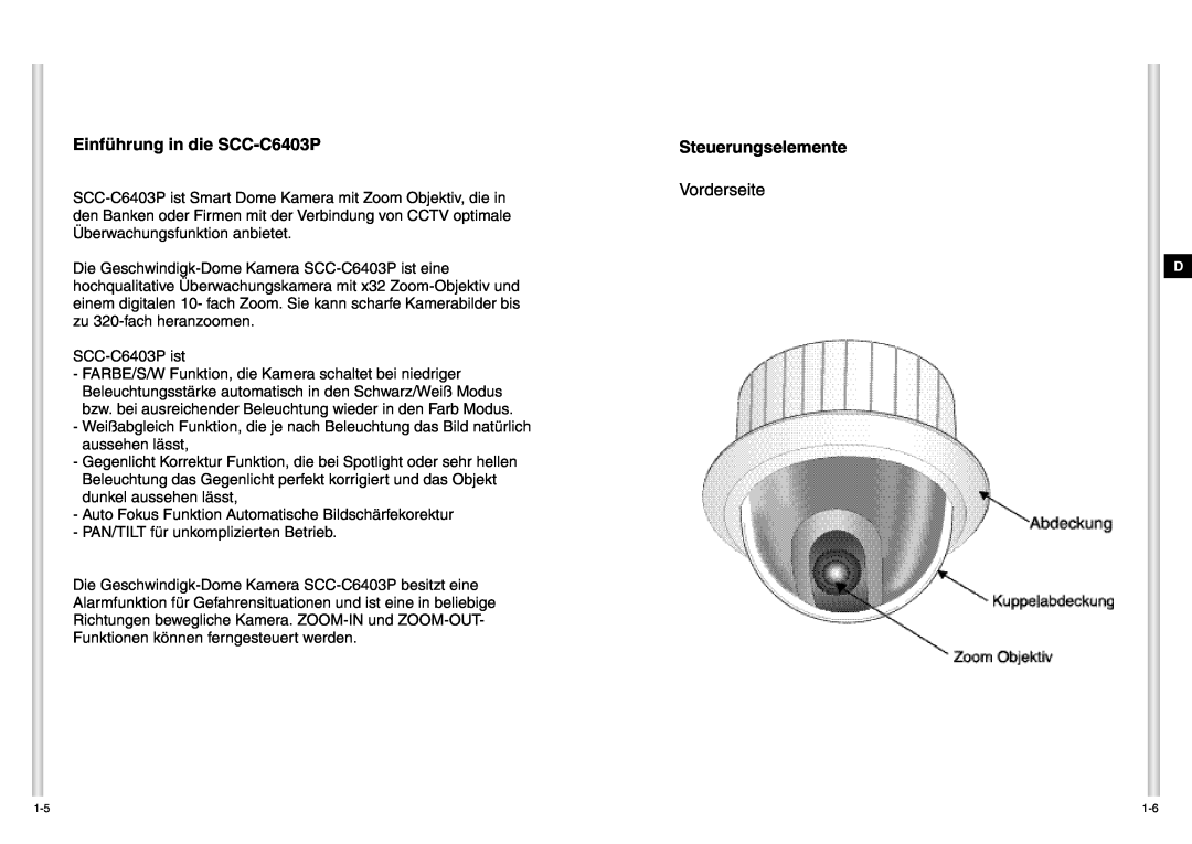 Samsung manual Einführung in die SCC-C6403P, Steuerungselemente, Vorderseite 